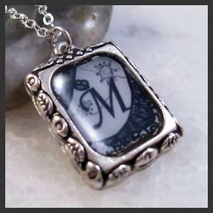 Initial M Letter Square Silver Frame Charm Pendant Necklace  