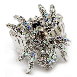 Halloween Jewelry Crystal Spider Stretch Ring Silver  