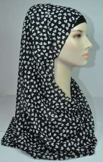   Large Chiffon Scarf Shawl Wrap Belt Hijab White Hearts on Black  