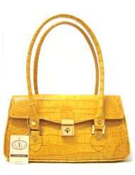   Croc Embossed Yellow Leather Handbag Purse Shoulder Bag Flap Bag