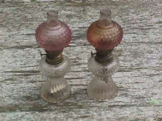 Pair antique miniature glass kerosene oil lamps  