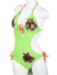 Lime Green Triangle Top & Tie Side Bottom Sequins Monokini Bathing 