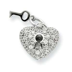  Sterling Silver Key & Heart CZ Pendant Jewelry