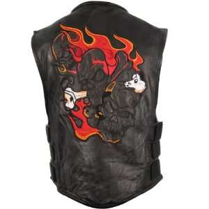   Reflective Flaming Triple Skull Motorcycle Leather Vest   Size  Large