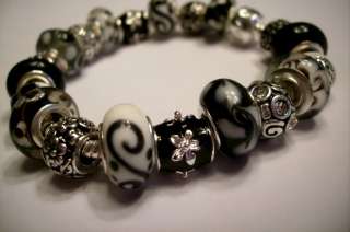 European Style Charm Bracelet Black White Murano Glass Beads Enamel 