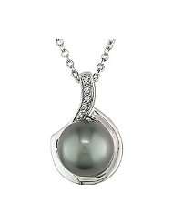 Sterling Silver Black Pearl and Diamond Necklace (9 10 mm)