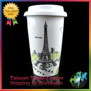 Coffee Cup Mug Double layered Ceramics 12 oz. Silicone Lid Eiffel 