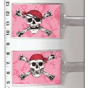  Set of 2 Luggage Tags Made with Pink Skull Crossbones 