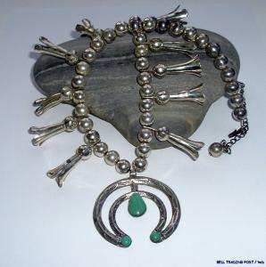   TRADING POST SOUTHWEST STERLING TURQUOISE SQUASH BLOSSOM NECKLACE