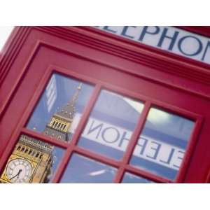 Reflection of a Clock Tower on the Glass of a Telephone Booth, Big Ben 